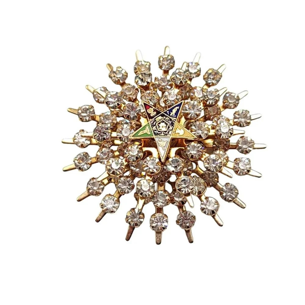 Gold Tone Rhinestone Cluster Enamel Eastern Star Masonic Brooch Pin Vintage